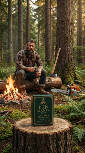 Lumberjack with an Axe sitting in the forest with a bar of Fkn Manly Tallow Soap in front of him