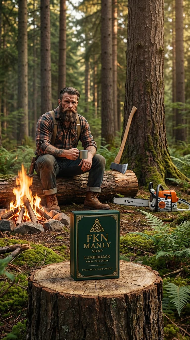 Lumberjack with an Axe sitting in the forest with a bar of Fkn Manly Tallow Soap in front of him